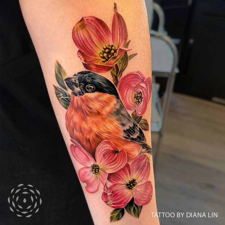 Liquid Amber Tattoo Colour Realism Bird and flowers by Diana Lin 768x768
